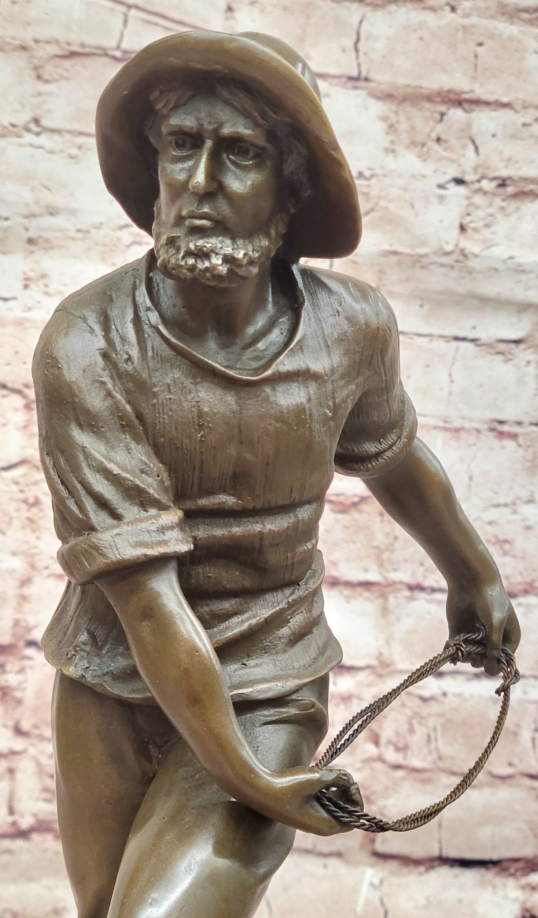 Bronze Fisherman with Net – Nautical Sculpture on Marble
