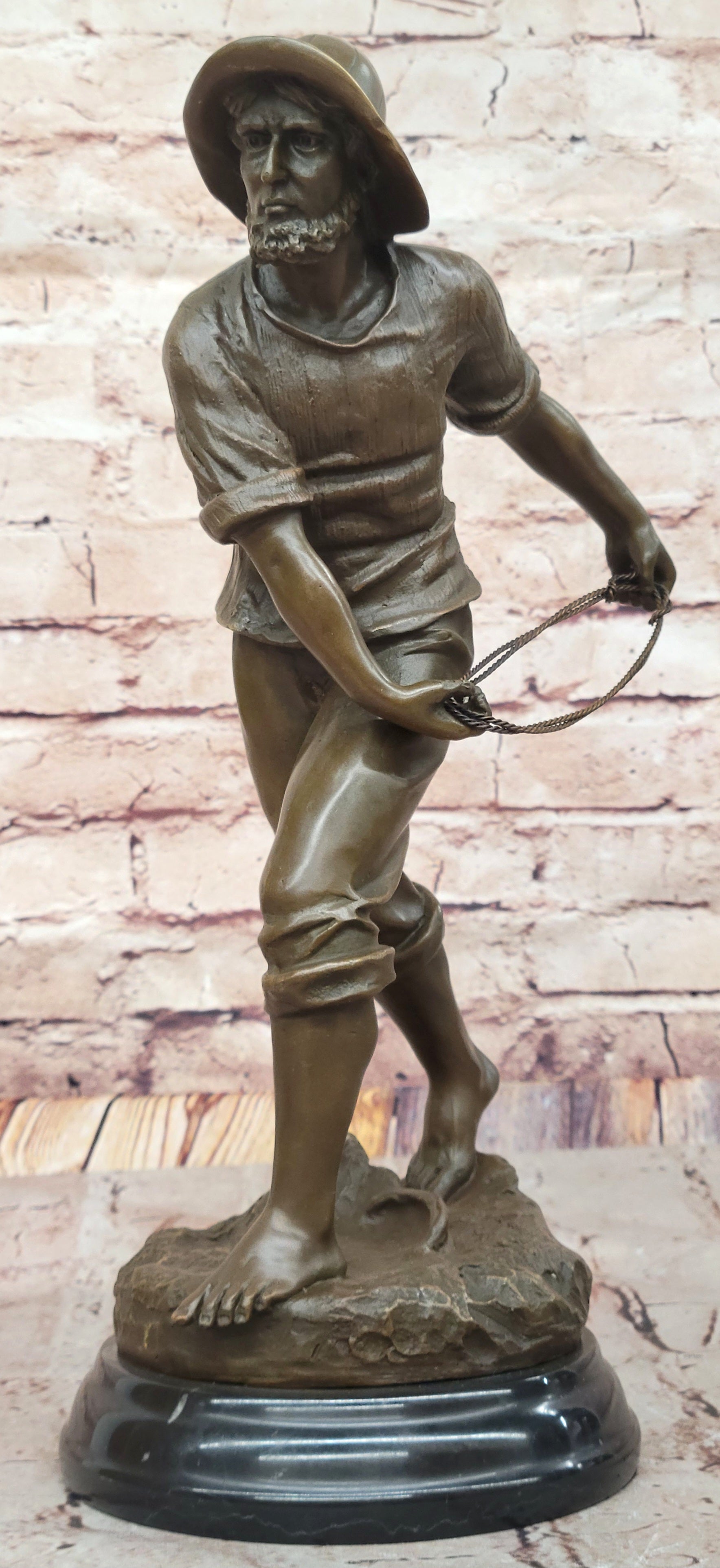 Bronze Fisherman with Net – Nautical Sculpture on Marble