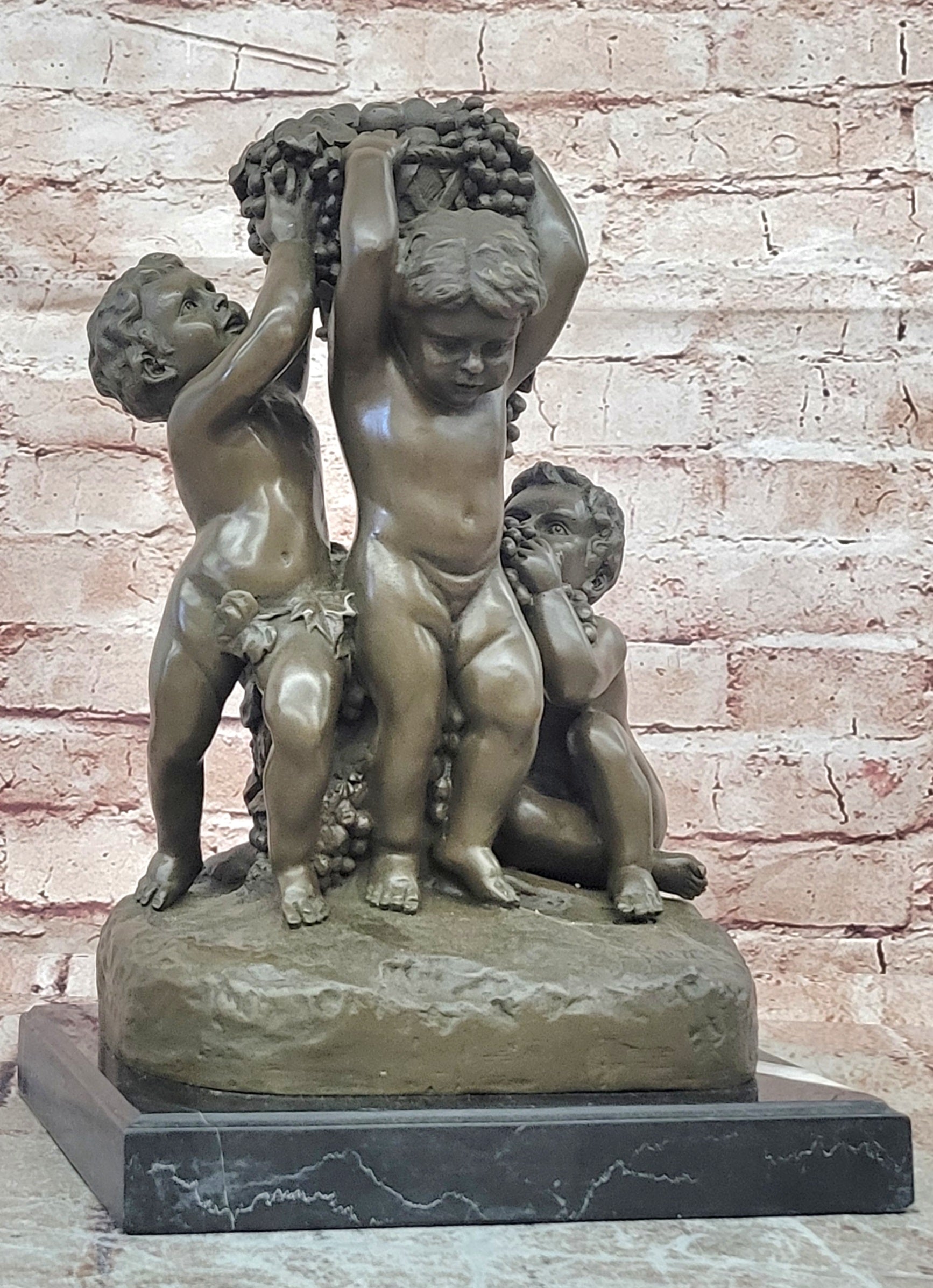 Bronze Sculpture “3 Putti with a Bunch of Grapes” Signed J. Dastee Figurine