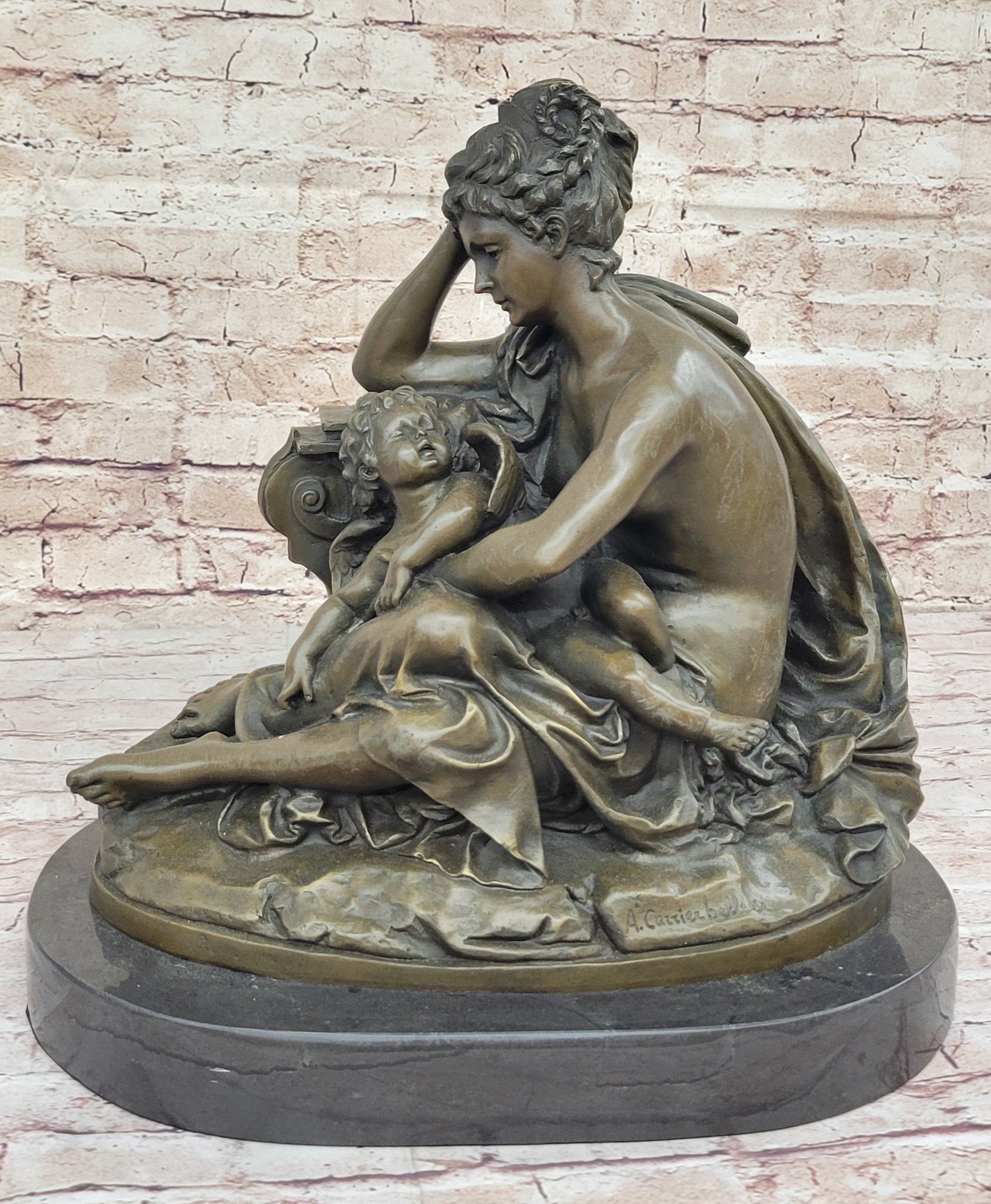 Mother and Child by Carrier Belleuse Hot Cast Bronze on Marble