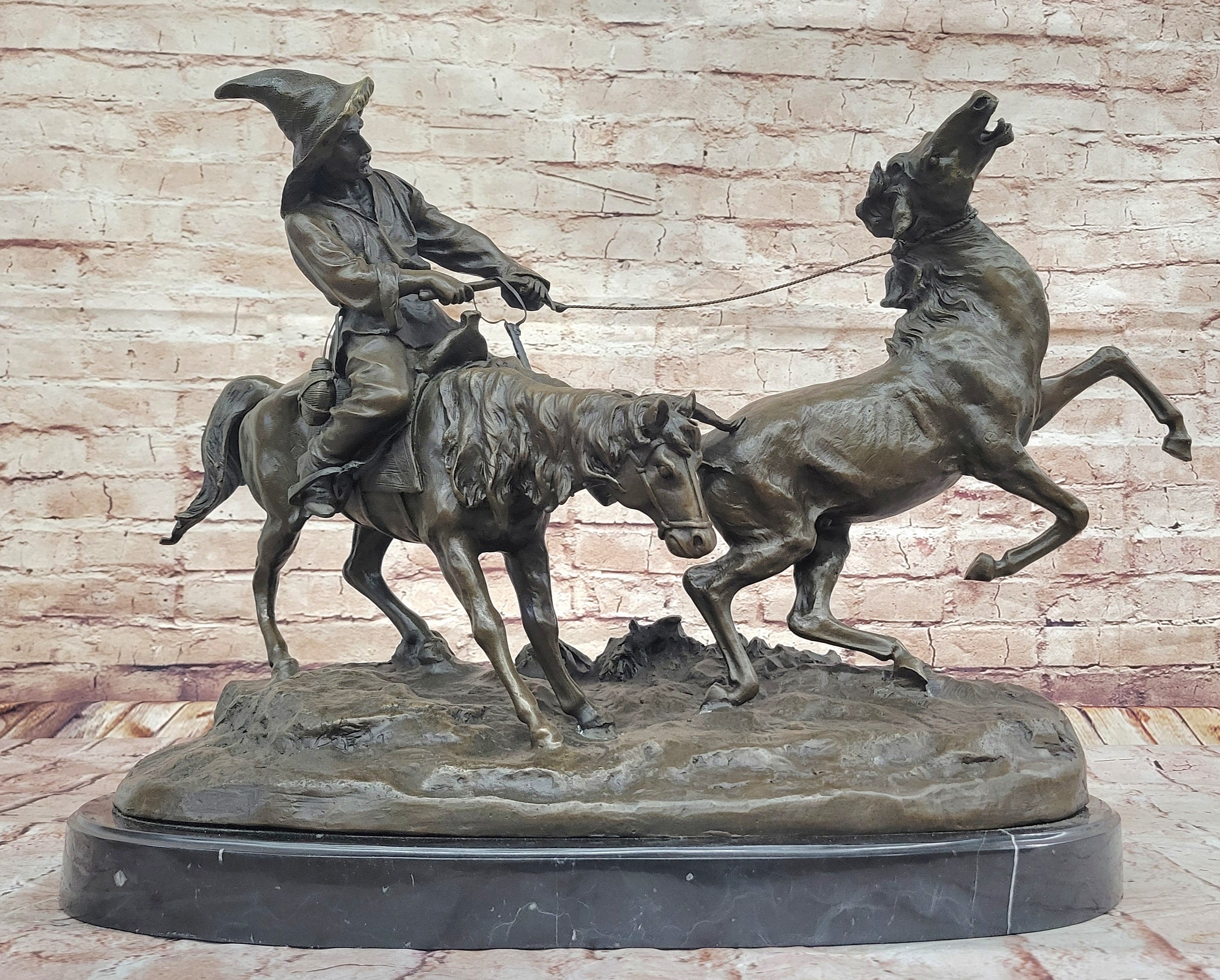 Bronze Sculpture 'Breaking in a Wild Horse', Signed E. Nahcepe