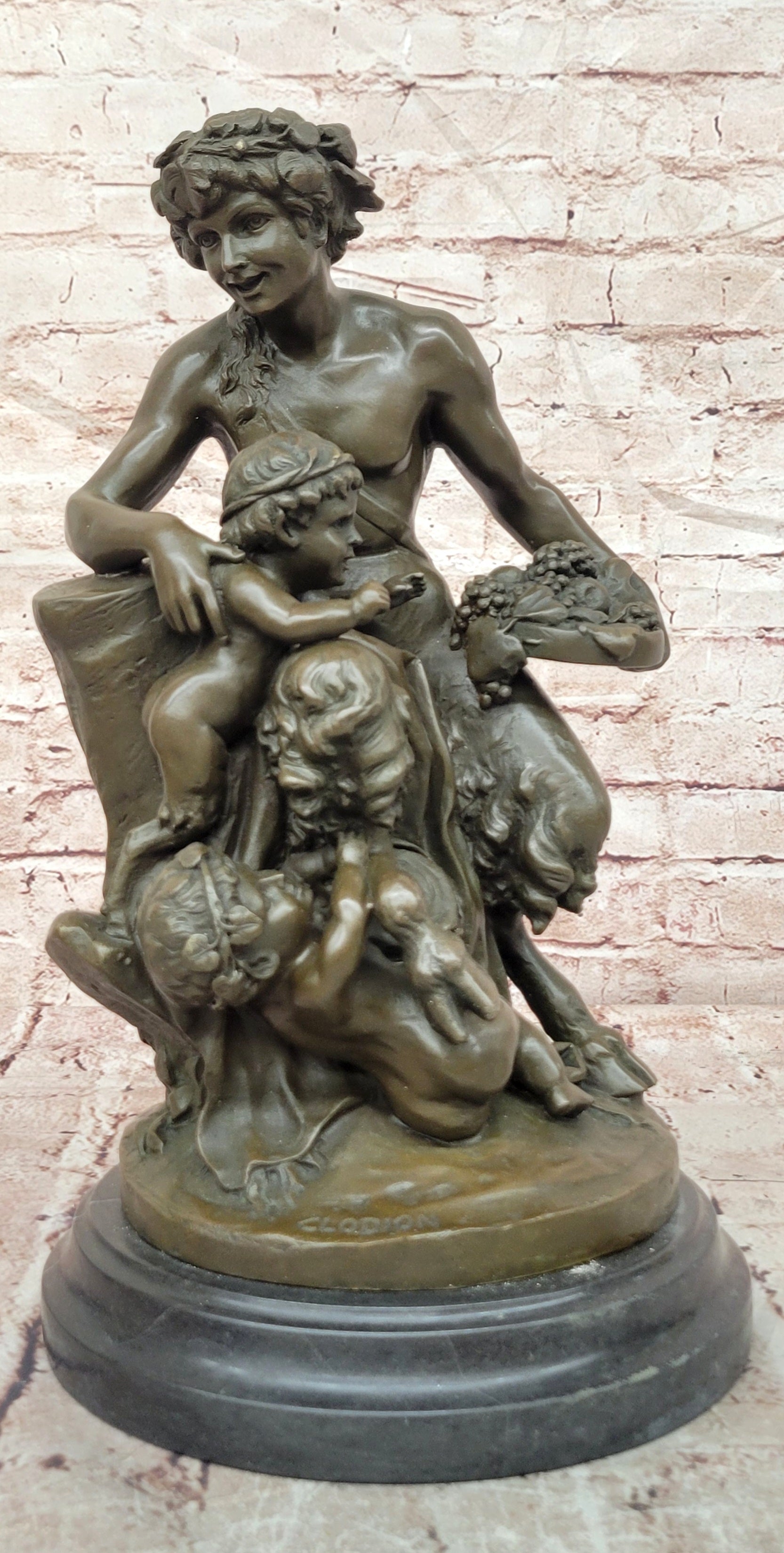 Satyr with a Basket of Grapes and Two Putti by Clodion Bronze Sculpture Statue