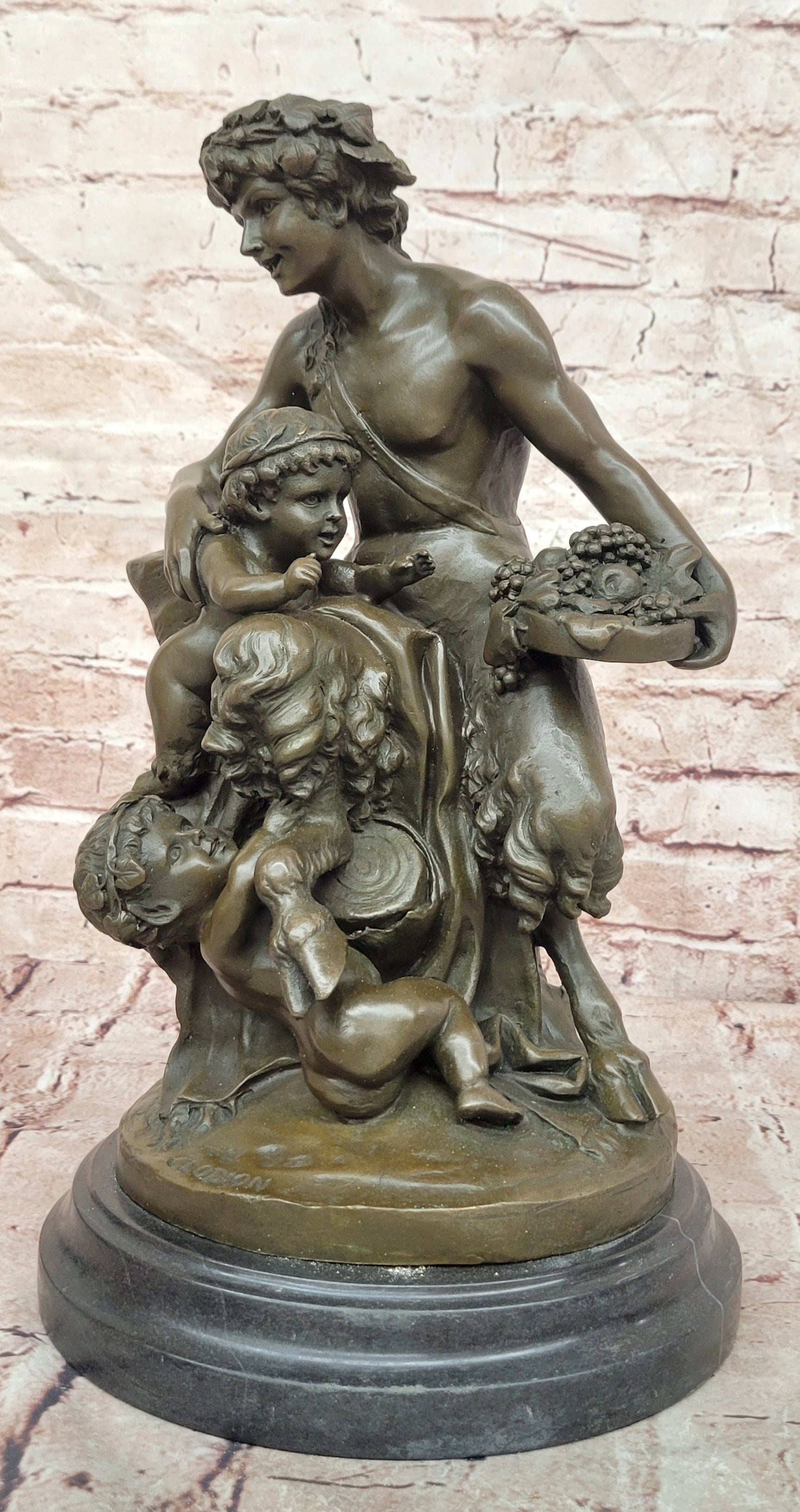 Satyr with a Basket of Grapes and Two Putti by Clodion Bronze Sculpture Statue