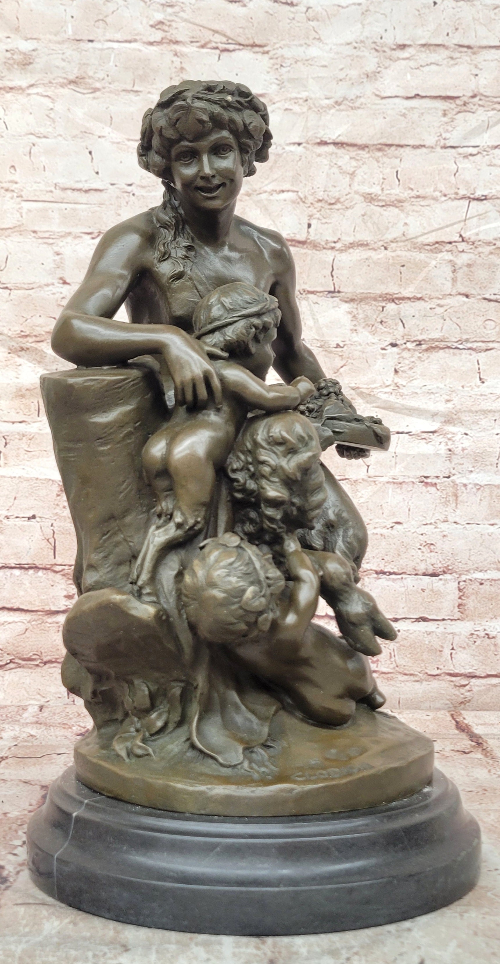 Satyr with a Basket of Grapes and Two Putti by Clodion Bronze Sculpture Statue
