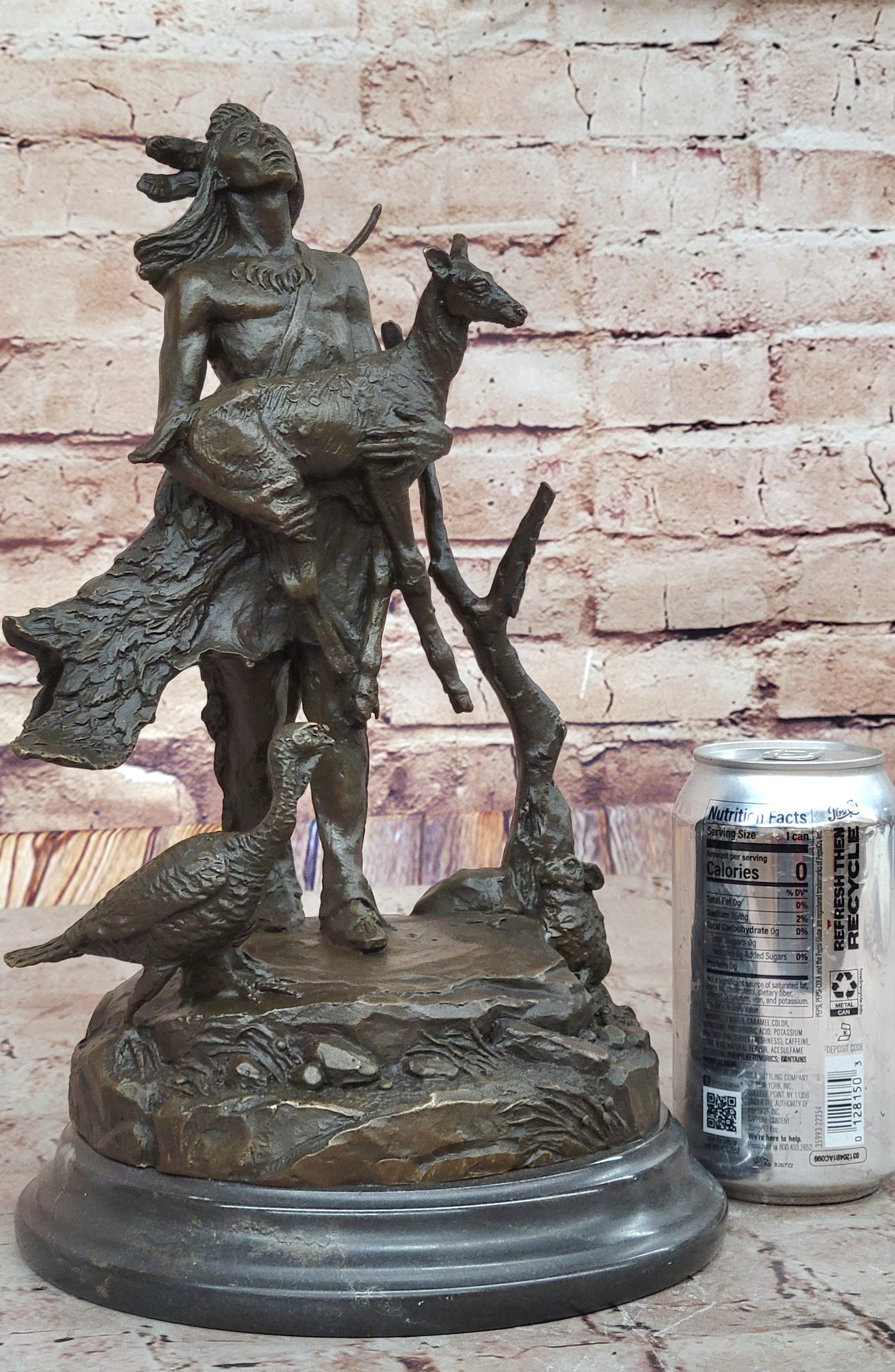 Native American Indian Shaman Holding Deer and Turkey Bronze