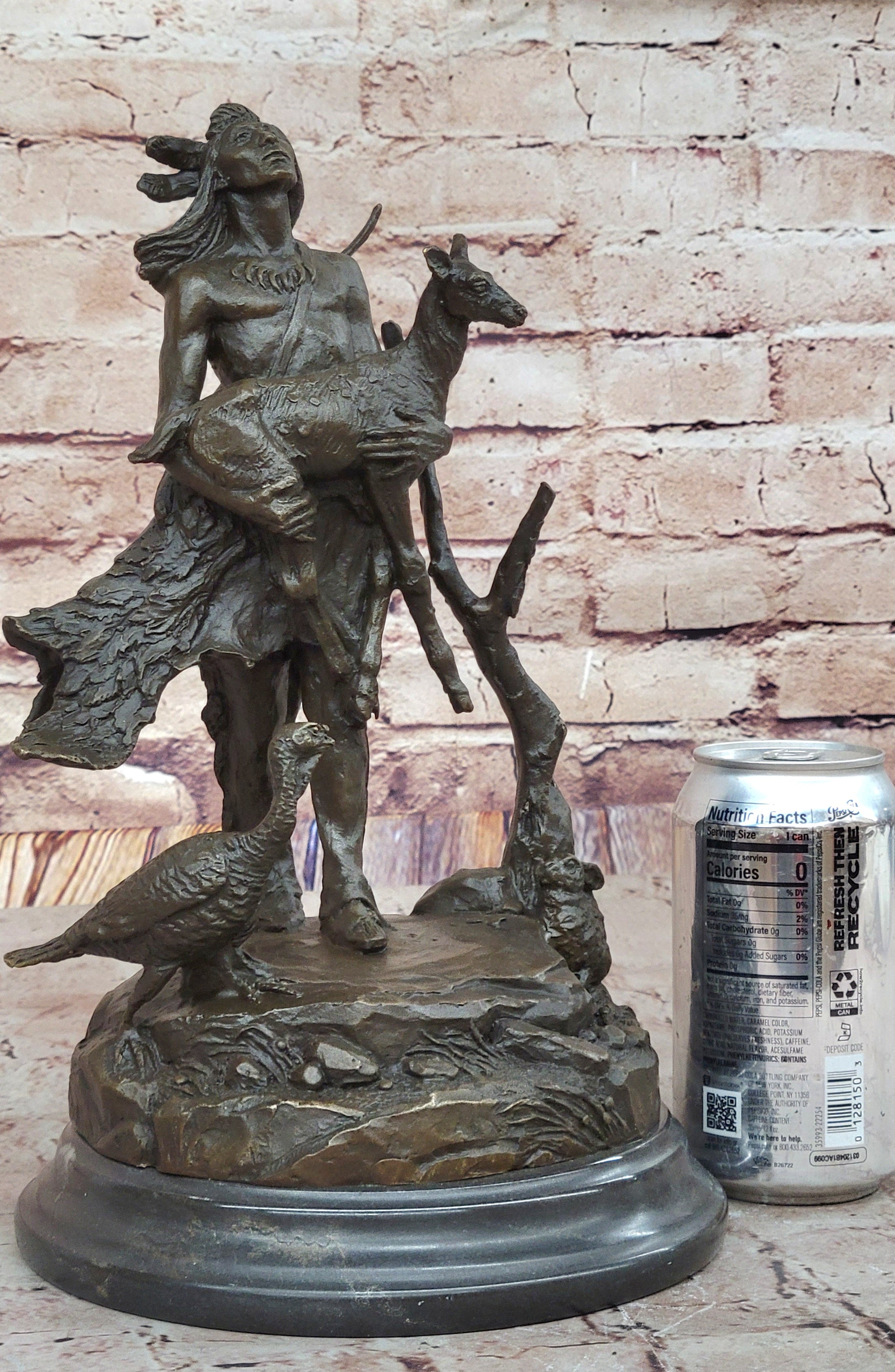 Native American Indian Shaman Holding Deer and Turkey Bronze