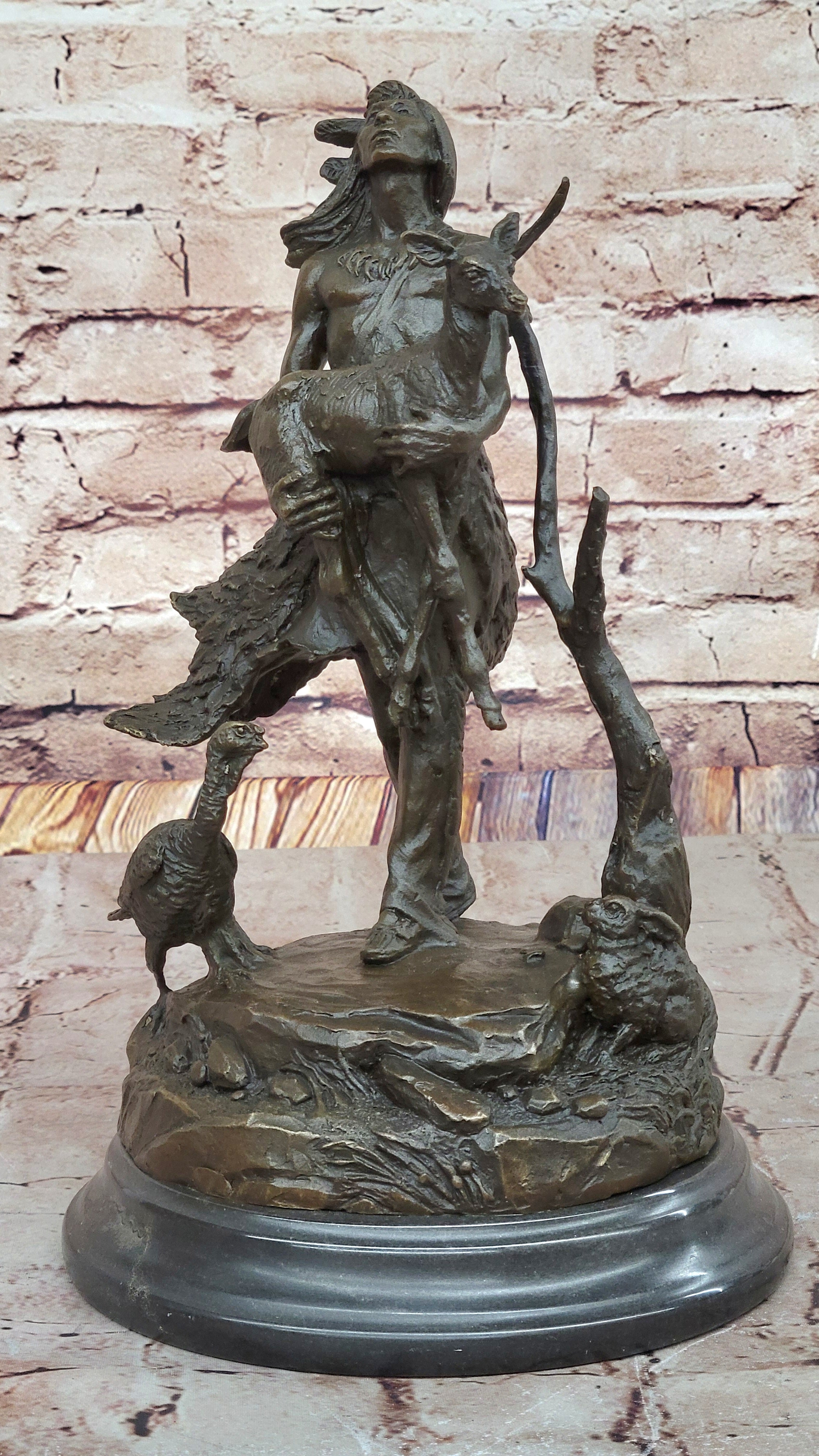 Native American Indian Shaman Holding Deer and Turkey Bronze