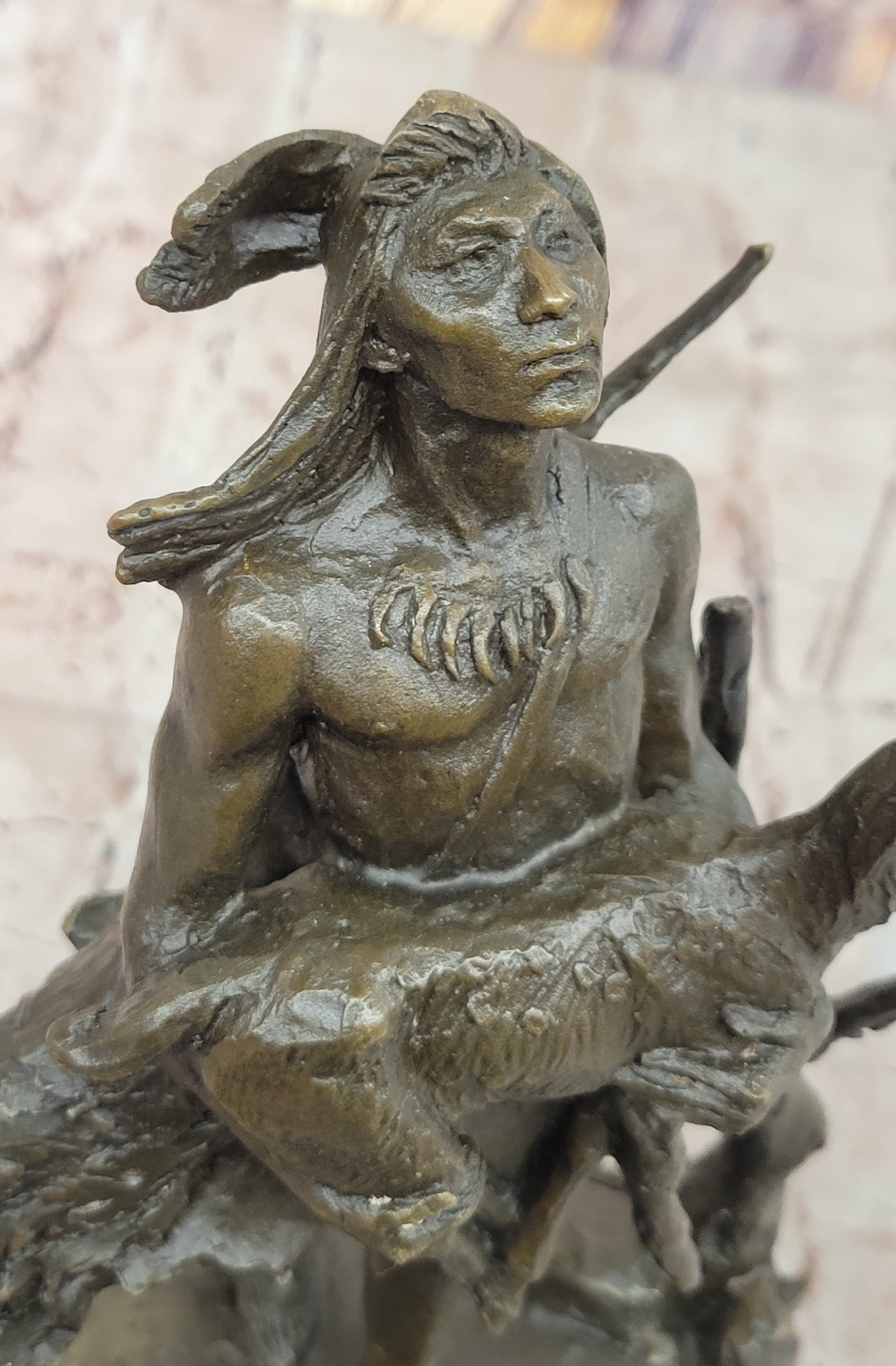 Native American Indian Shaman Holding Deer and Turkey Bronze