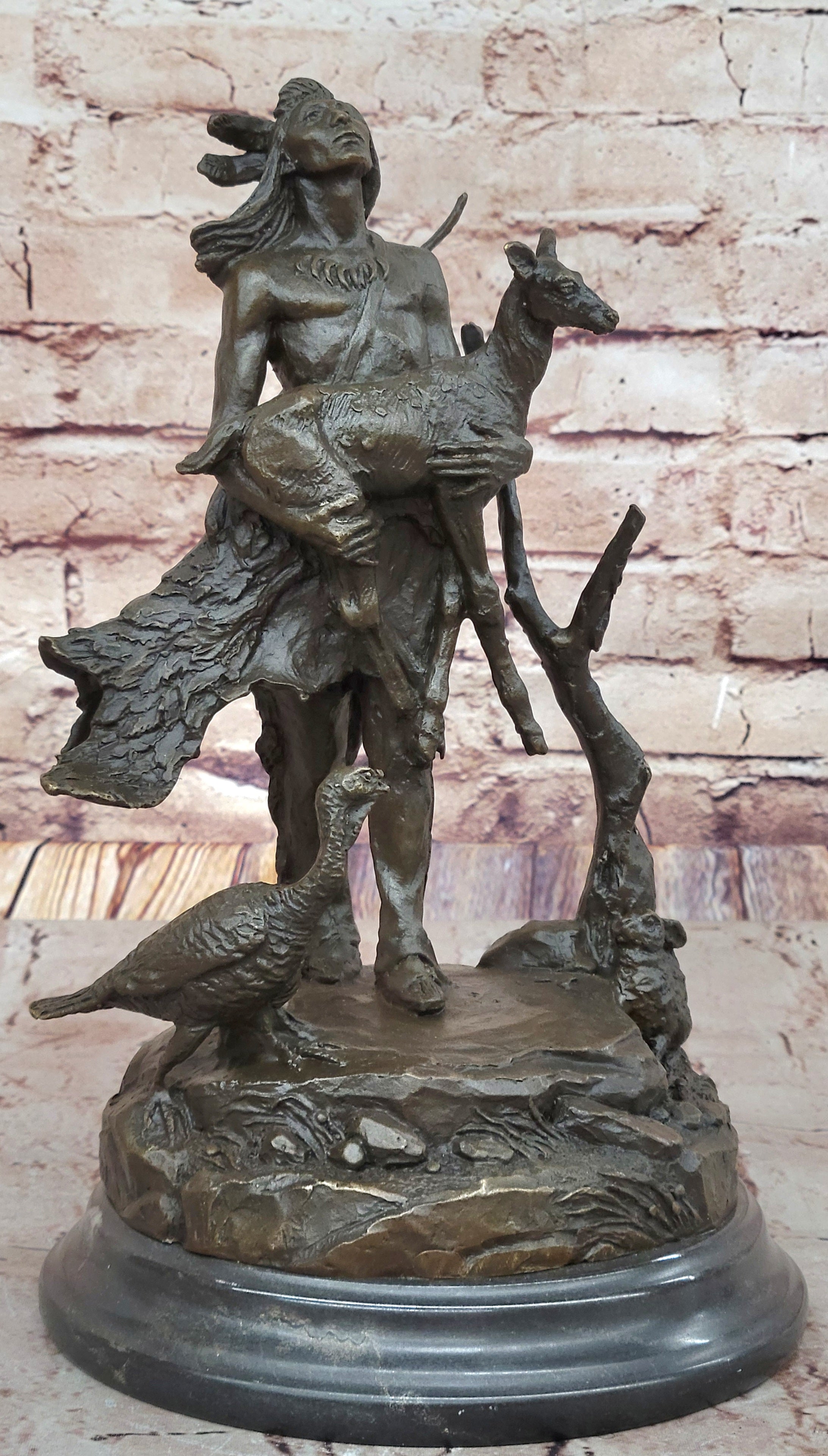 Native American Indian Shaman Holding Deer and Turkey Bronze