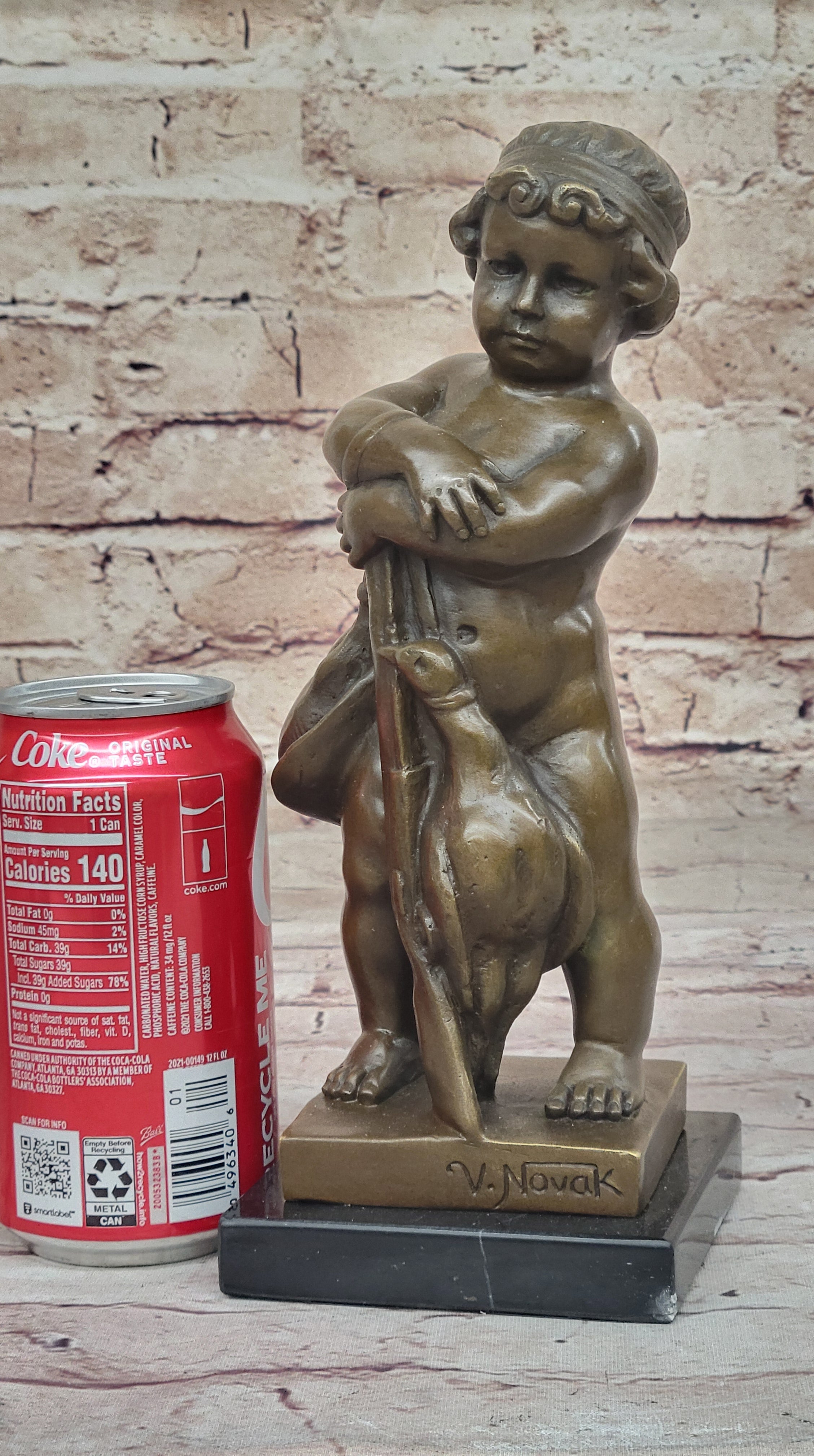 Bronze Sculpture of Child with Duck Signed V. Novak