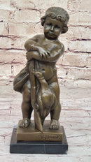 Bronze Sculpture of Child with Duck Signed V. Novak
