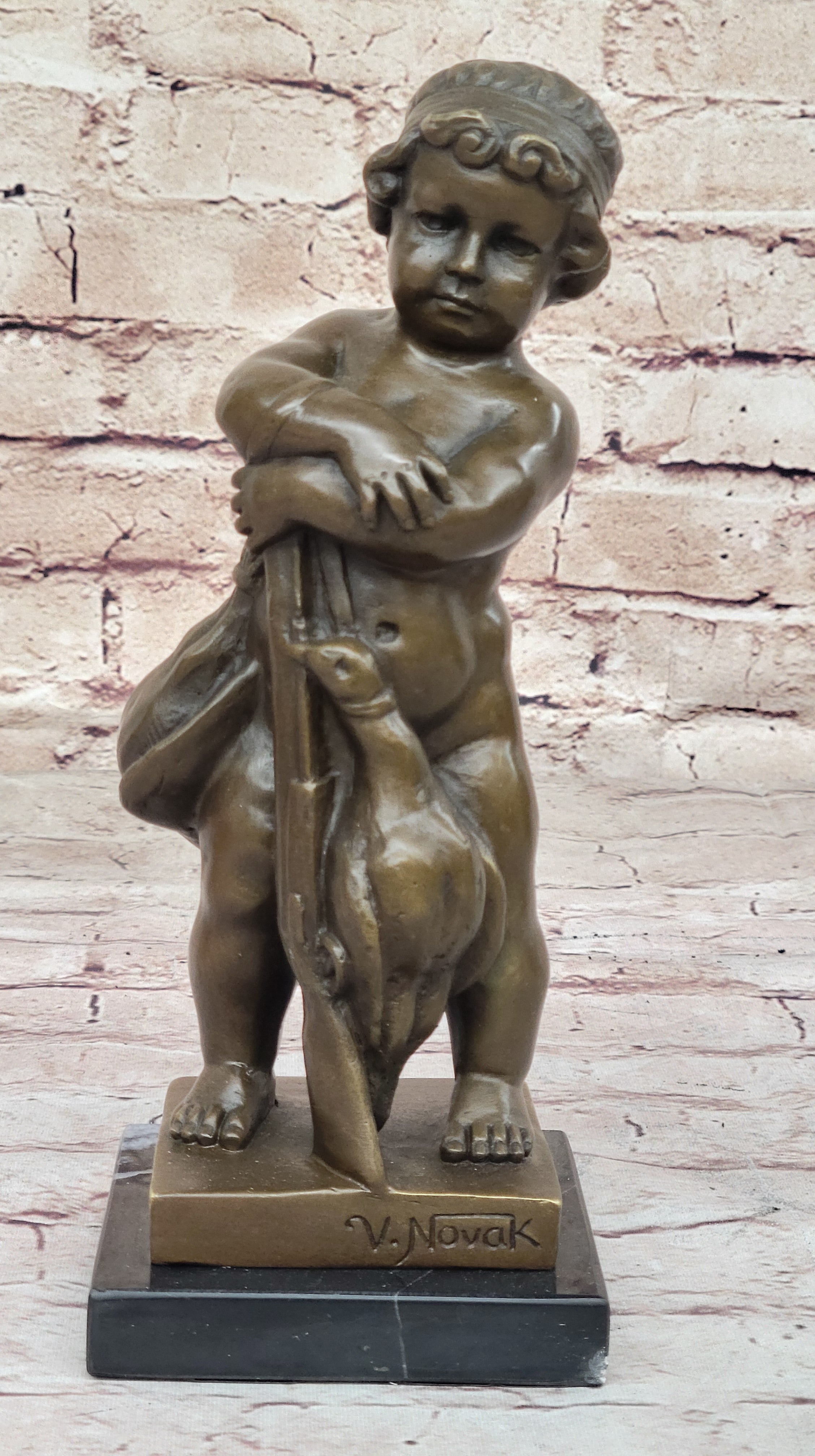 Bronze Sculpture of Child with Duck Signed V. Novak