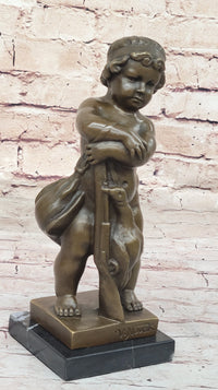 Bronze Sculpture of Child with Duck Signed V. Novak