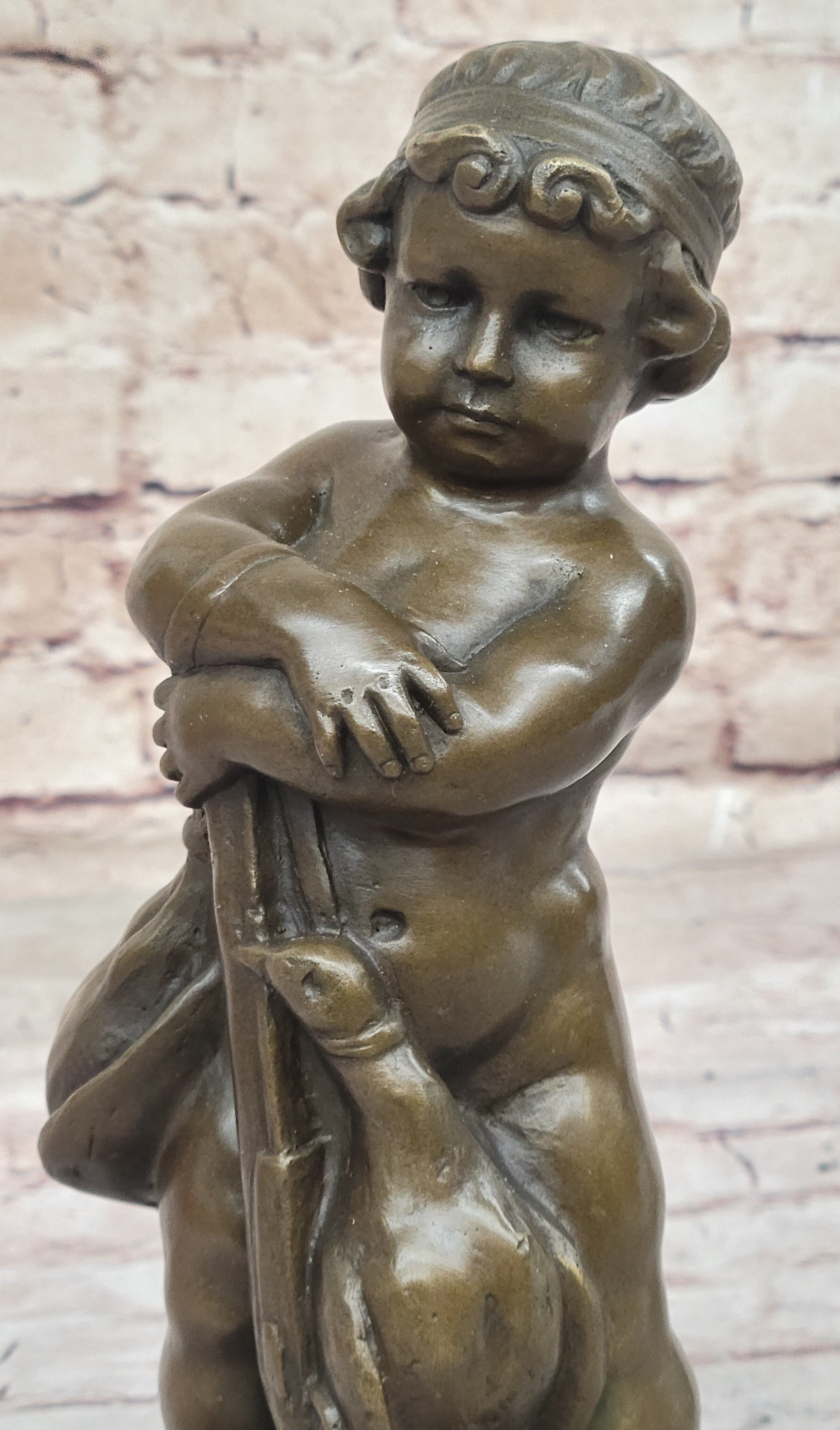 Bronze Sculpture of Child with Duck Signed V. Novak