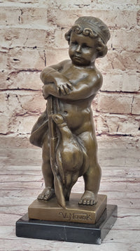 Bronze Sculpture of Child with Duck Signed V. Novak