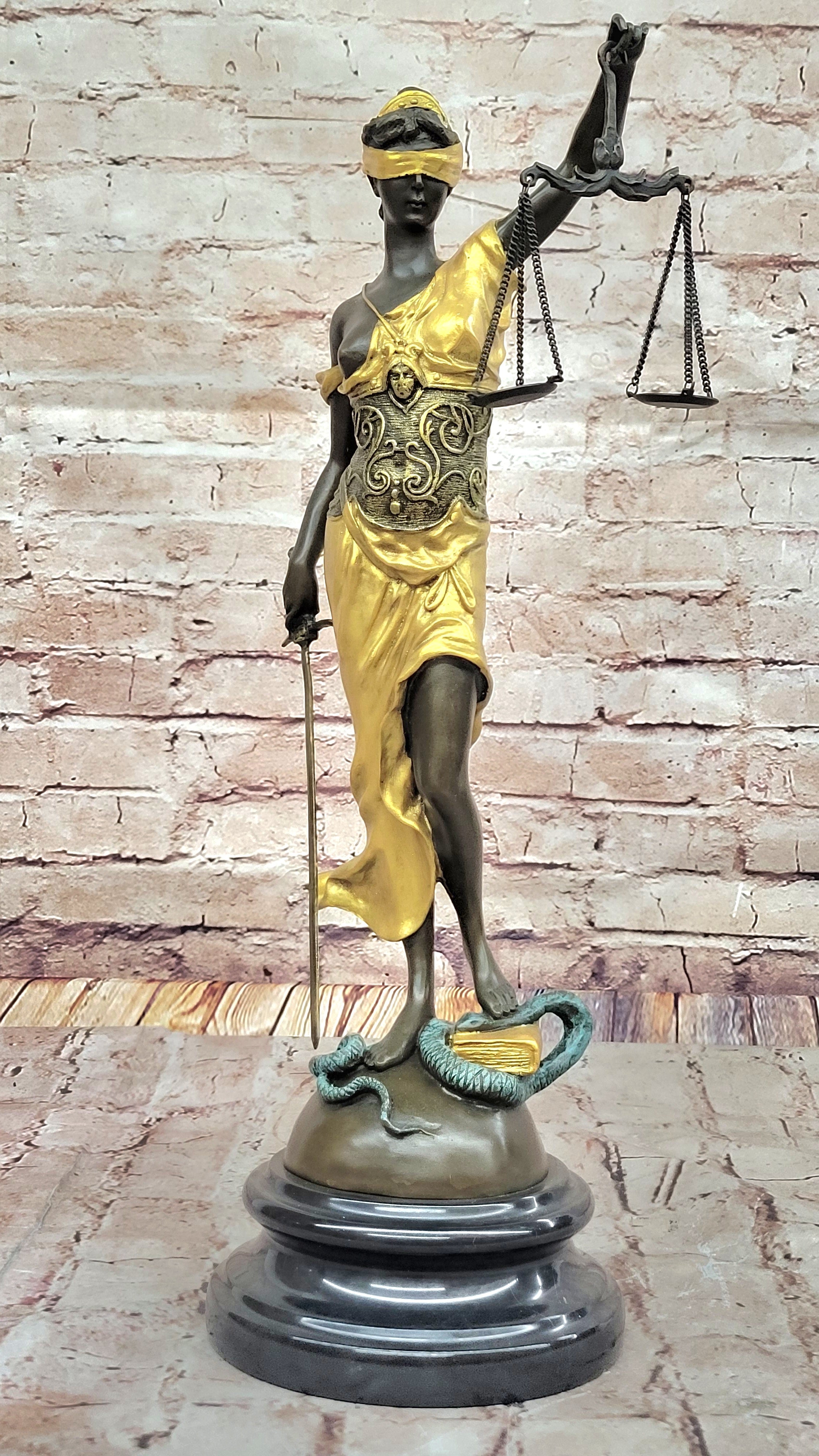 Blind Lady of Justice Themis Bronze Sculpture Gold Patina