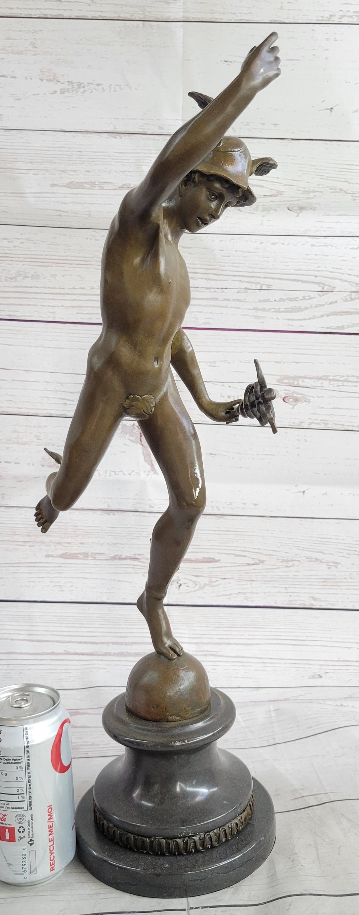 Bronze Flying Mercury w/ Caduceus Sculpture Nude Figure on Marble Base