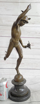 Bronze Flying Mercury w/ Caduceus Sculpture Nude Figure on Marble Base
