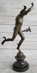 Bronze Flying Mercury w/ Caduceus Sculpture Nude Figure on Marble Base