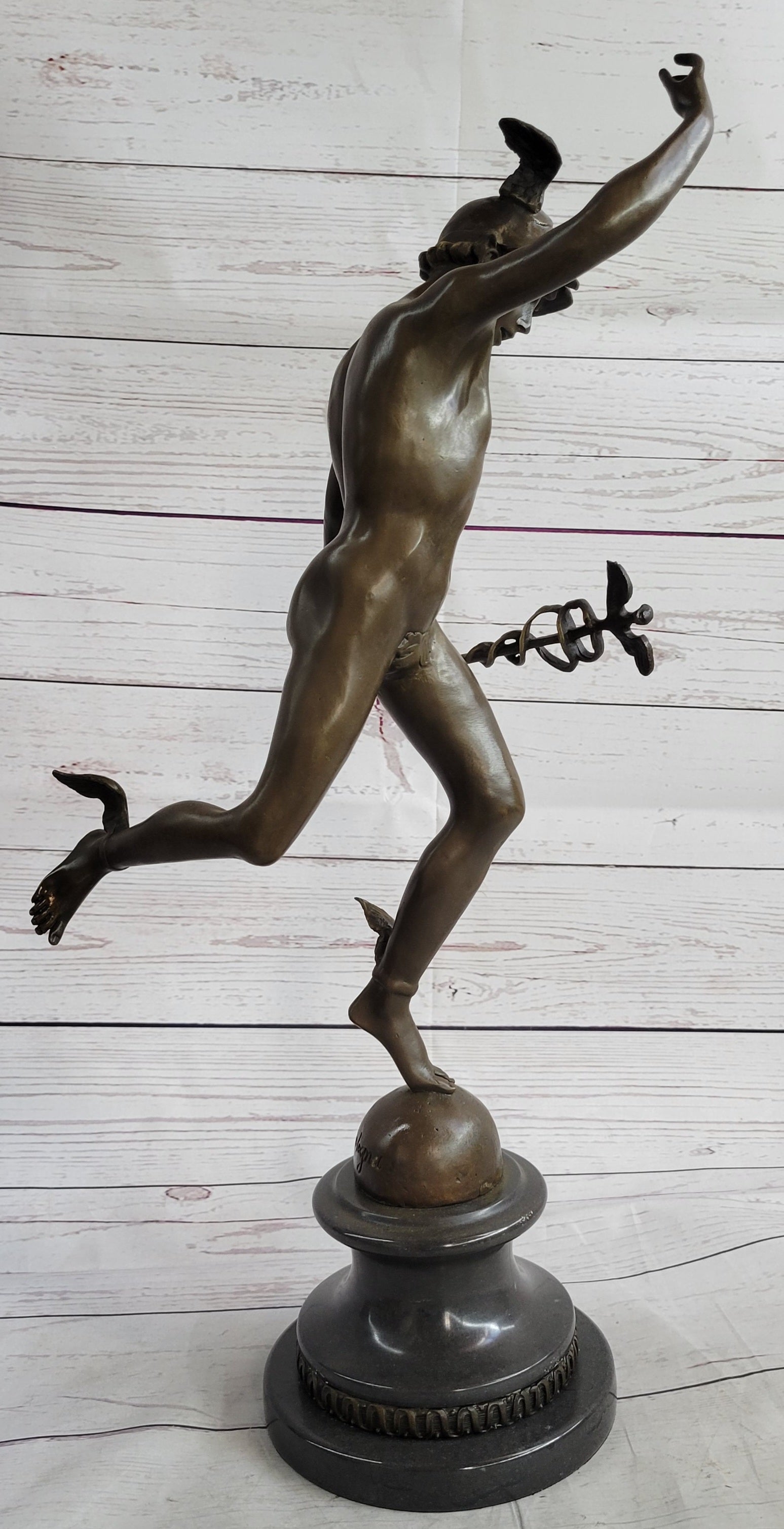 Bronze Flying Mercury w/ Caduceus Sculpture Nude Figure on Marble Base