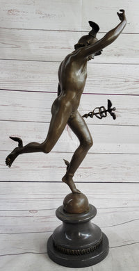Bronze Flying Mercury w/ Caduceus Sculpture Nude Figure on Marble Base
