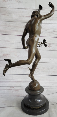 Bronze Flying Mercury w/ Caduceus Sculpture Nude Figure on Marble Base
