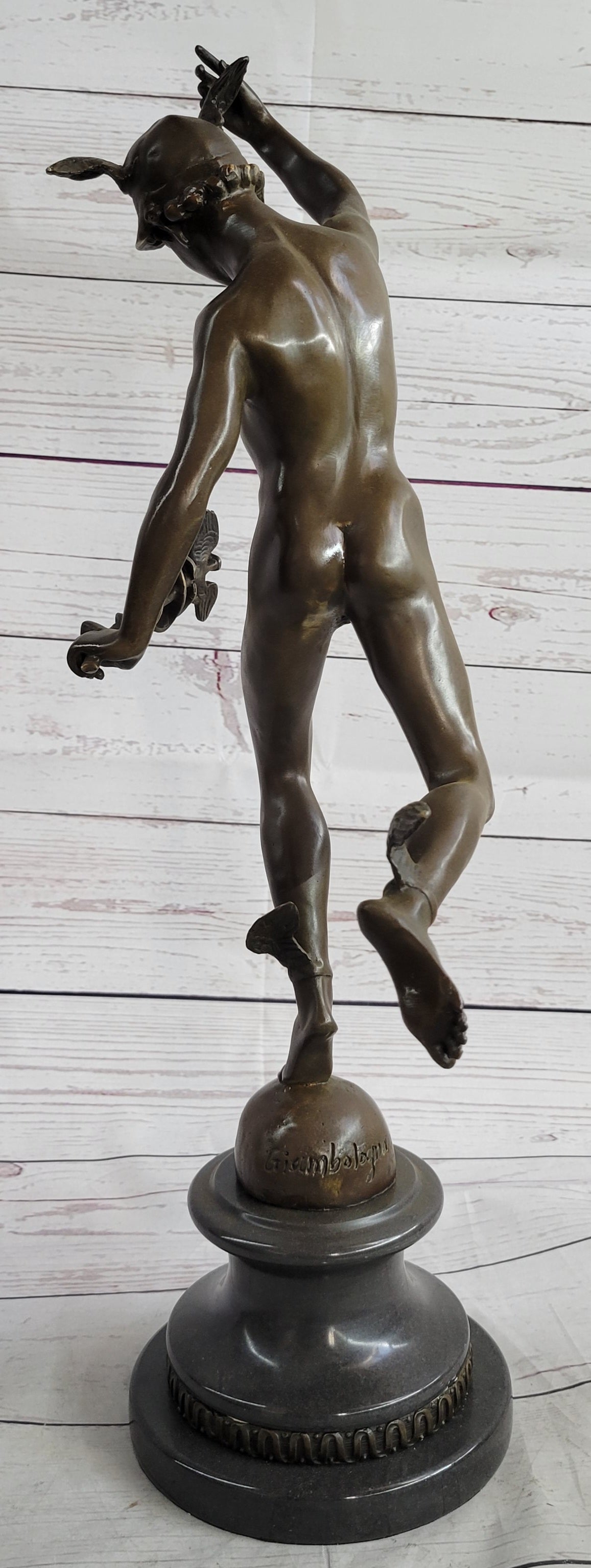 Bronze Flying Mercury w/ Caduceus Sculpture Nude Figure on Marble Base