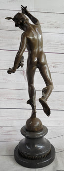 Bronze Flying Mercury w/ Caduceus Sculpture Nude Figure on Marble Base