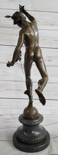 Bronze Flying Mercury w/ Caduceus Sculpture Nude Figure on Marble Base