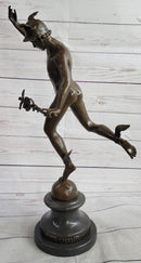 Bronze Flying Mercury w/ Caduceus Sculpture Nude Figure on Marble Base