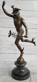 Bronze Flying Mercury w/ Caduceus Sculpture Nude Figure on Marble Base