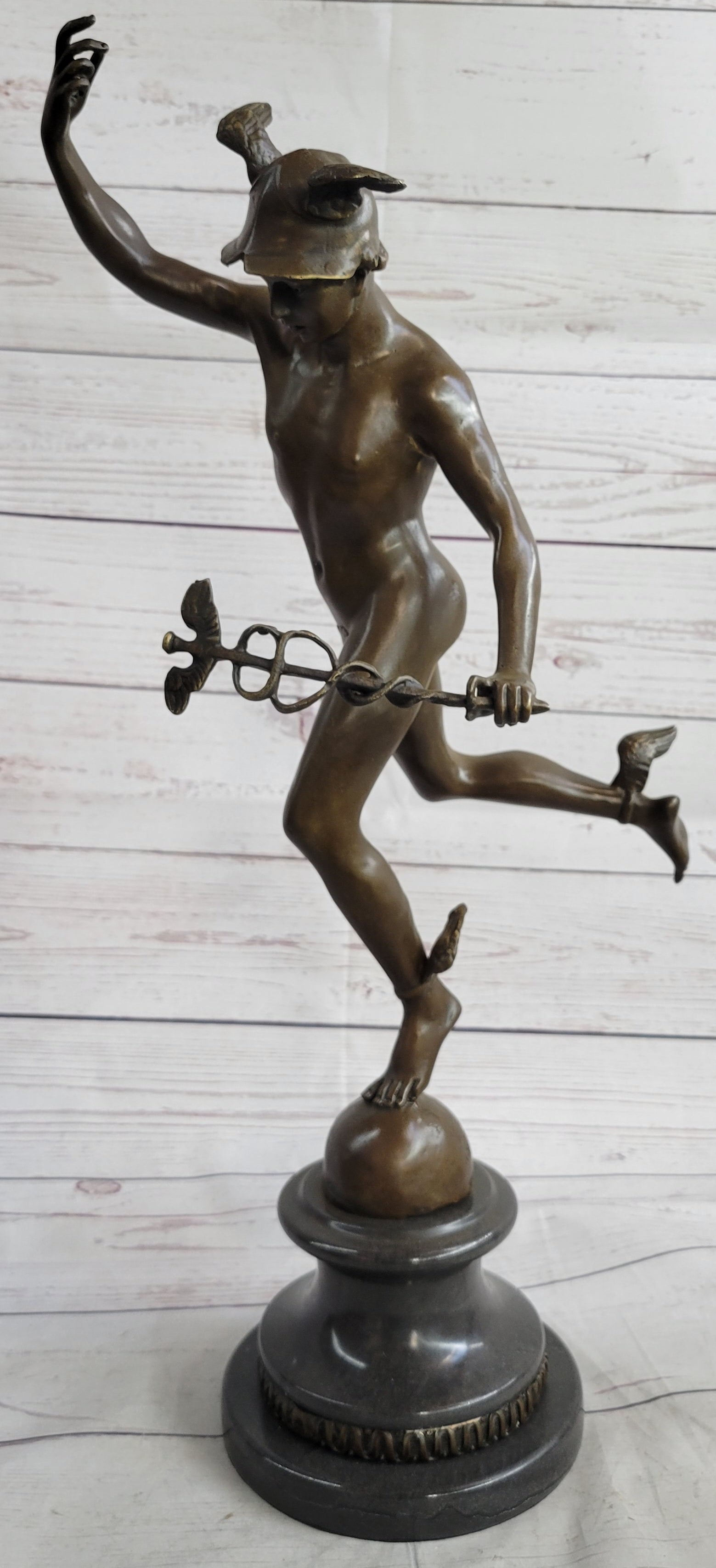 Bronze Flying Mercury w/ Caduceus Sculpture Nude Figure on Marble Base
