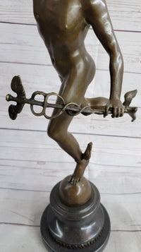 Bronze Flying Mercury w/ Caduceus Sculpture Nude Figure on Marble Base