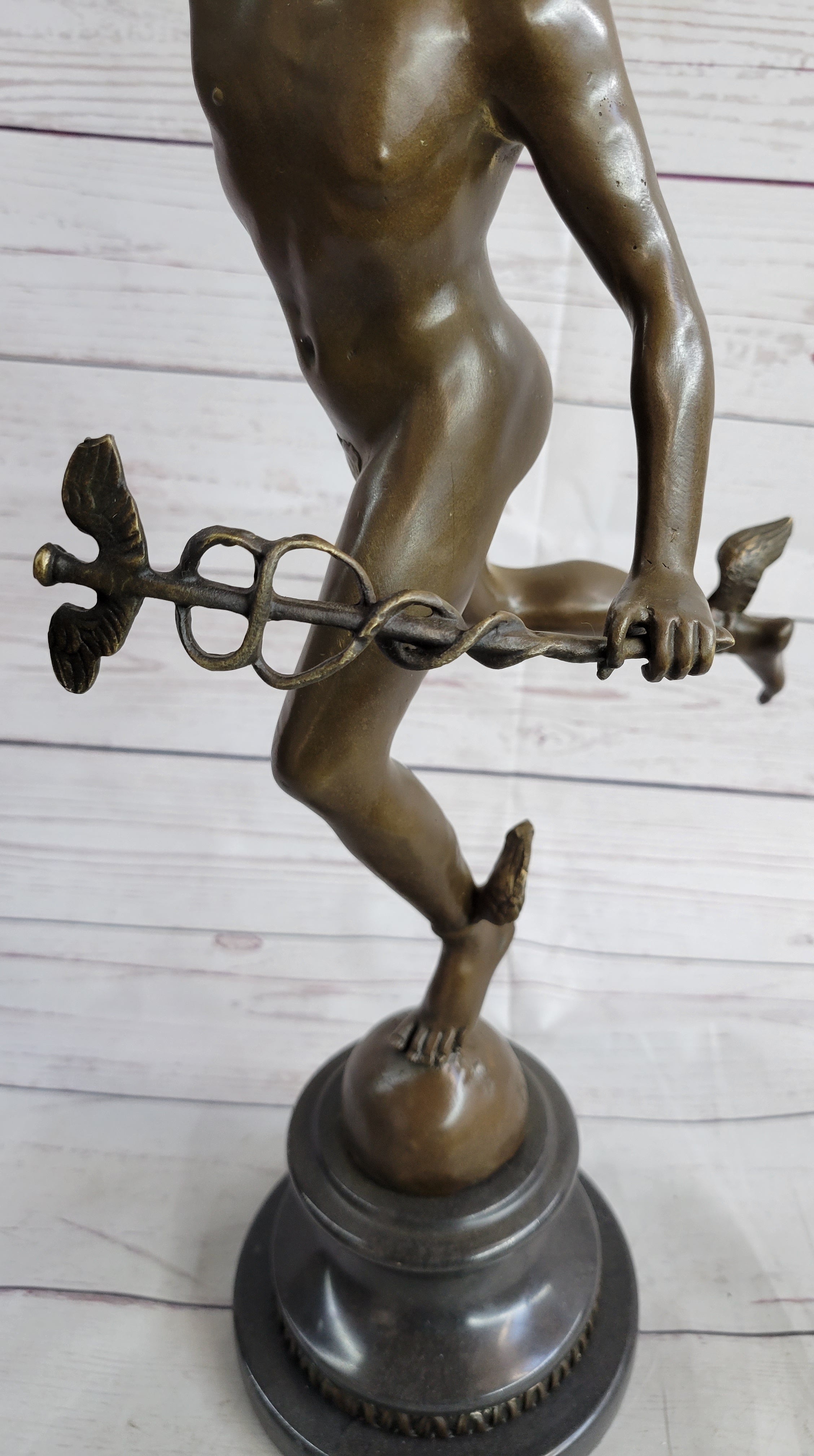 Bronze Flying Mercury w/ Caduceus Sculpture Nude Figure on Marble Base