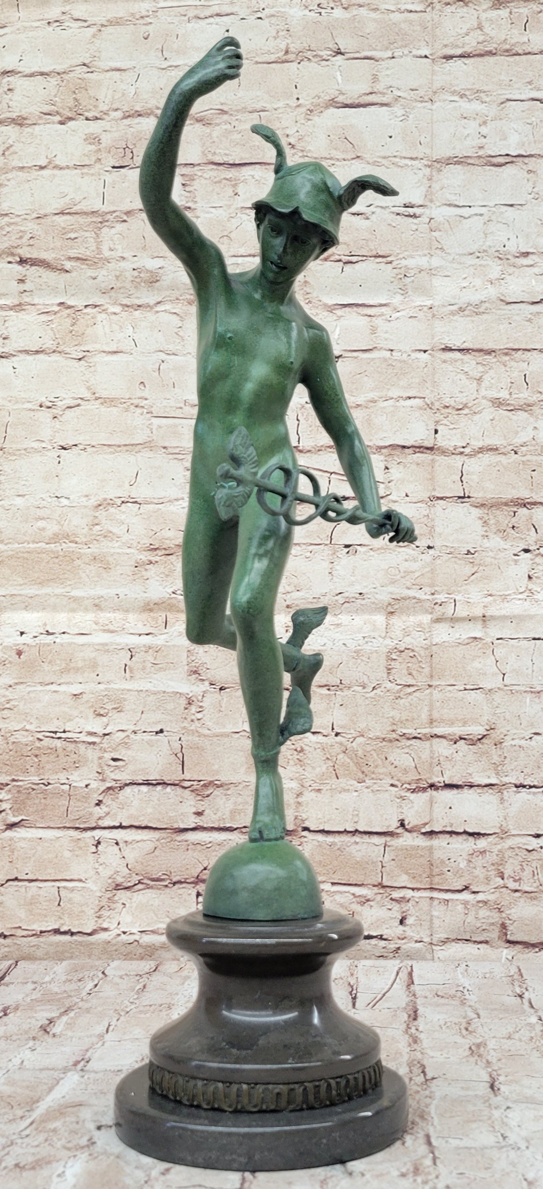 Nude Flying Mercury Caduceus Green Patina Bronze Sculpture Giambologna