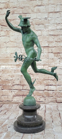 Nude Flying Mercury Caduceus Green Patina Bronze Sculpture Giambologna