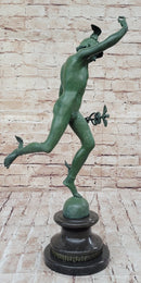 Nude Flying Mercury Caduceus Green Patina Bronze Sculpture Giambologna