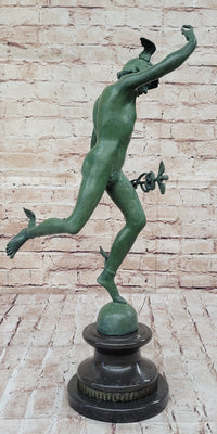 Nude Flying Mercury Caduceus Green Patina Bronze Sculpture Giambologna