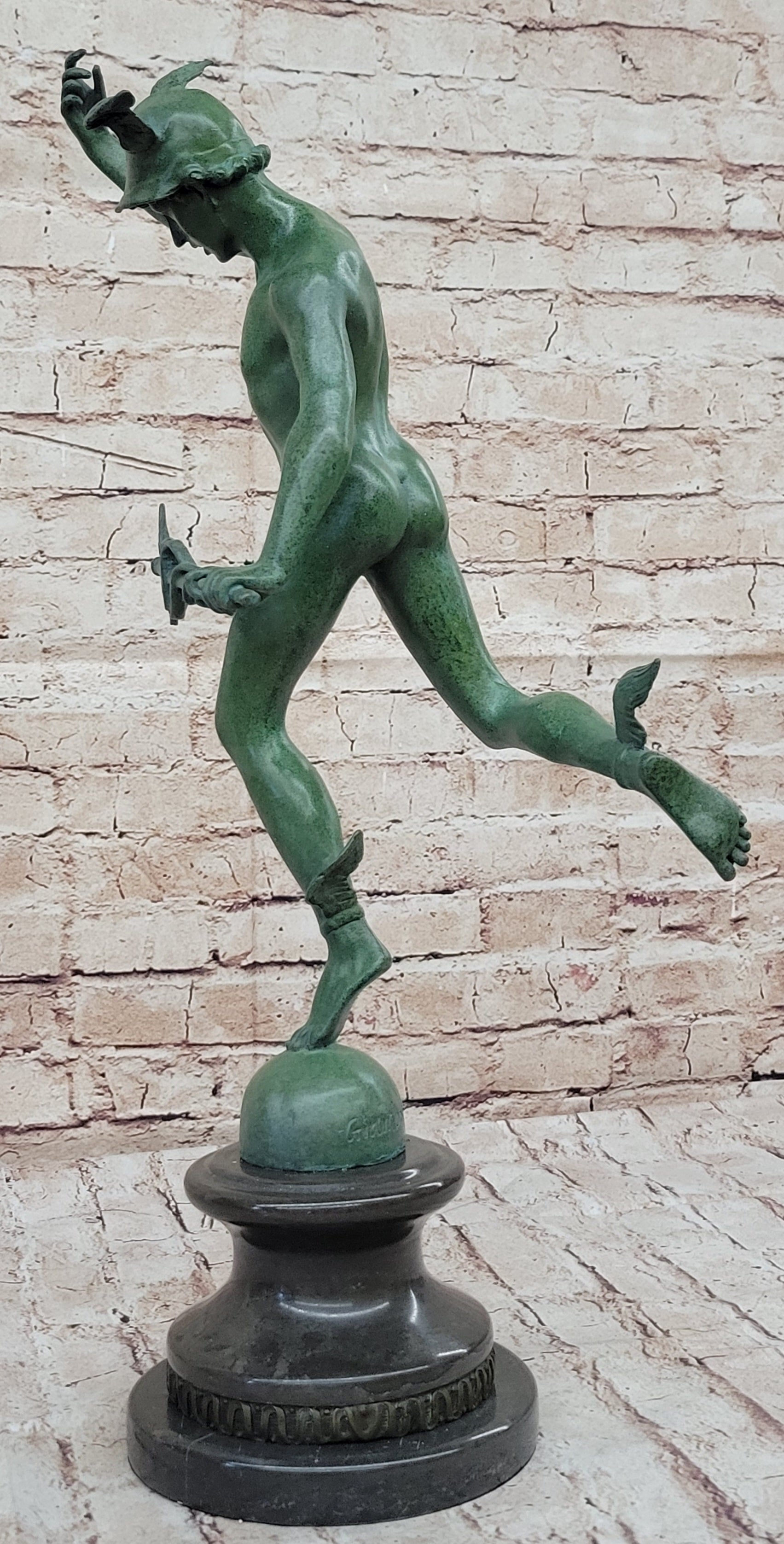 Nude Flying Mercury Caduceus Green Patina Bronze Sculpture Giambologna