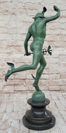 Nude Flying Mercury Caduceus Green Patina Bronze Sculpture Giambologna