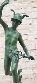 Nude Flying Mercury Caduceus Green Patina Bronze Sculpture Giambologna