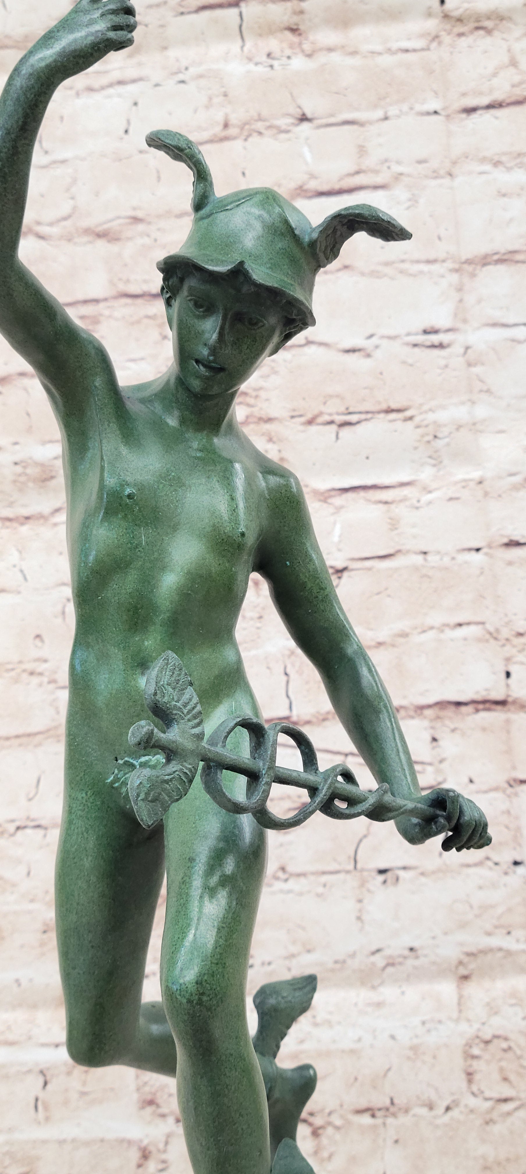 Nude Flying Mercury Caduceus Green Patina Bronze Sculpture Giambologna
