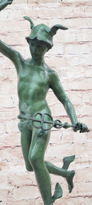 Nude Flying Mercury Caduceus Green Patina Bronze Sculpture Giambologna
