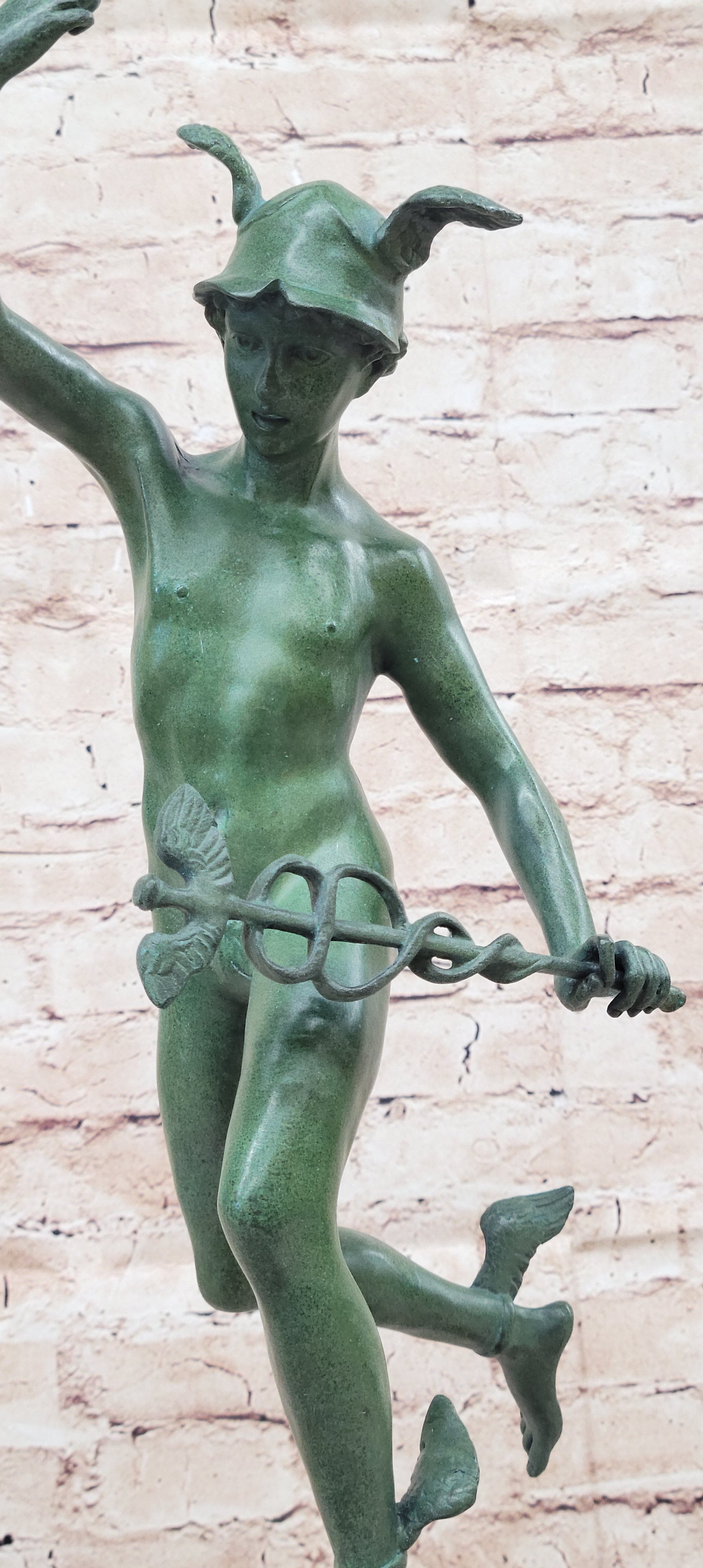 Nude Flying Mercury Caduceus Green Patina Bronze Sculpture Giambologna