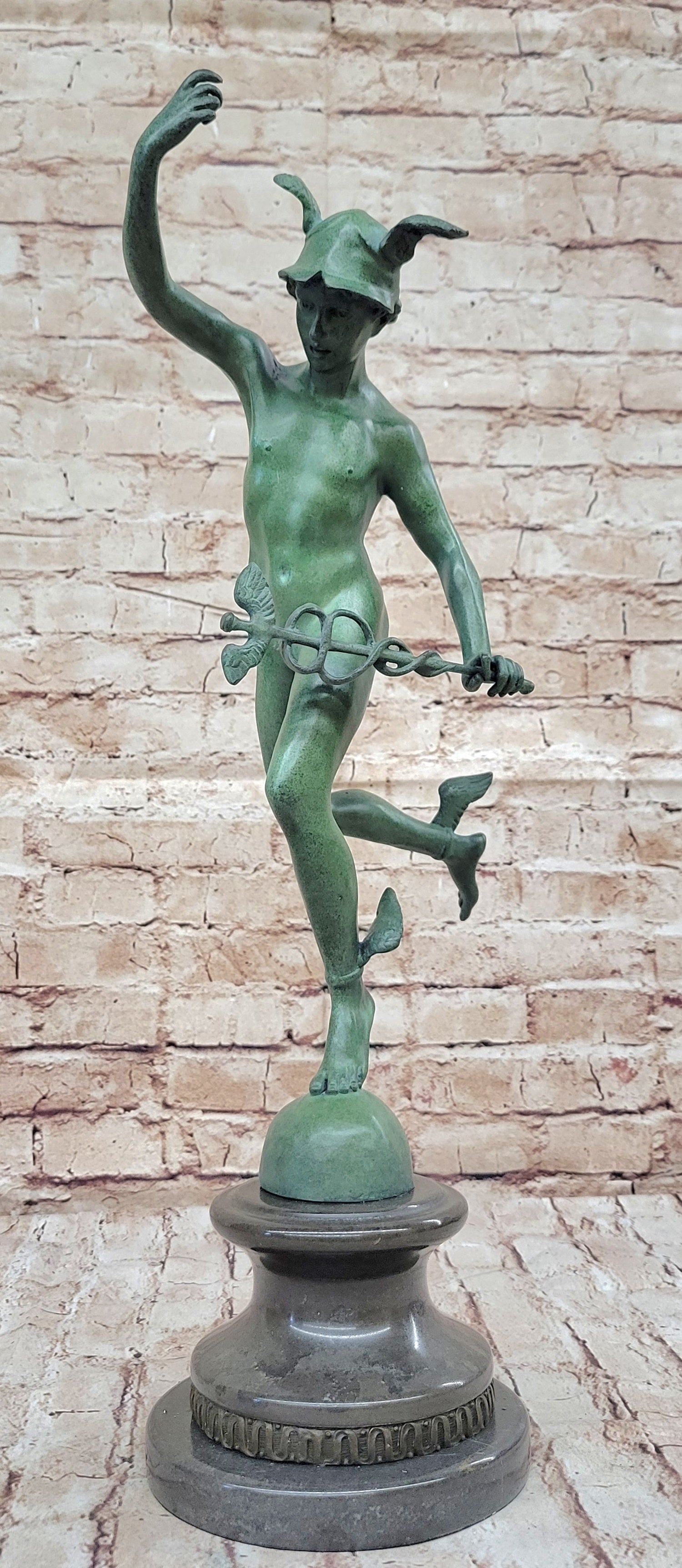 Nude Flying Mercury Caduceus Green Patina Bronze Sculpture Giambologna