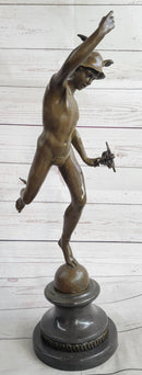 Bronze Flying Mercury w/ Caduceus Sculpture Nude Figure on Marble Base