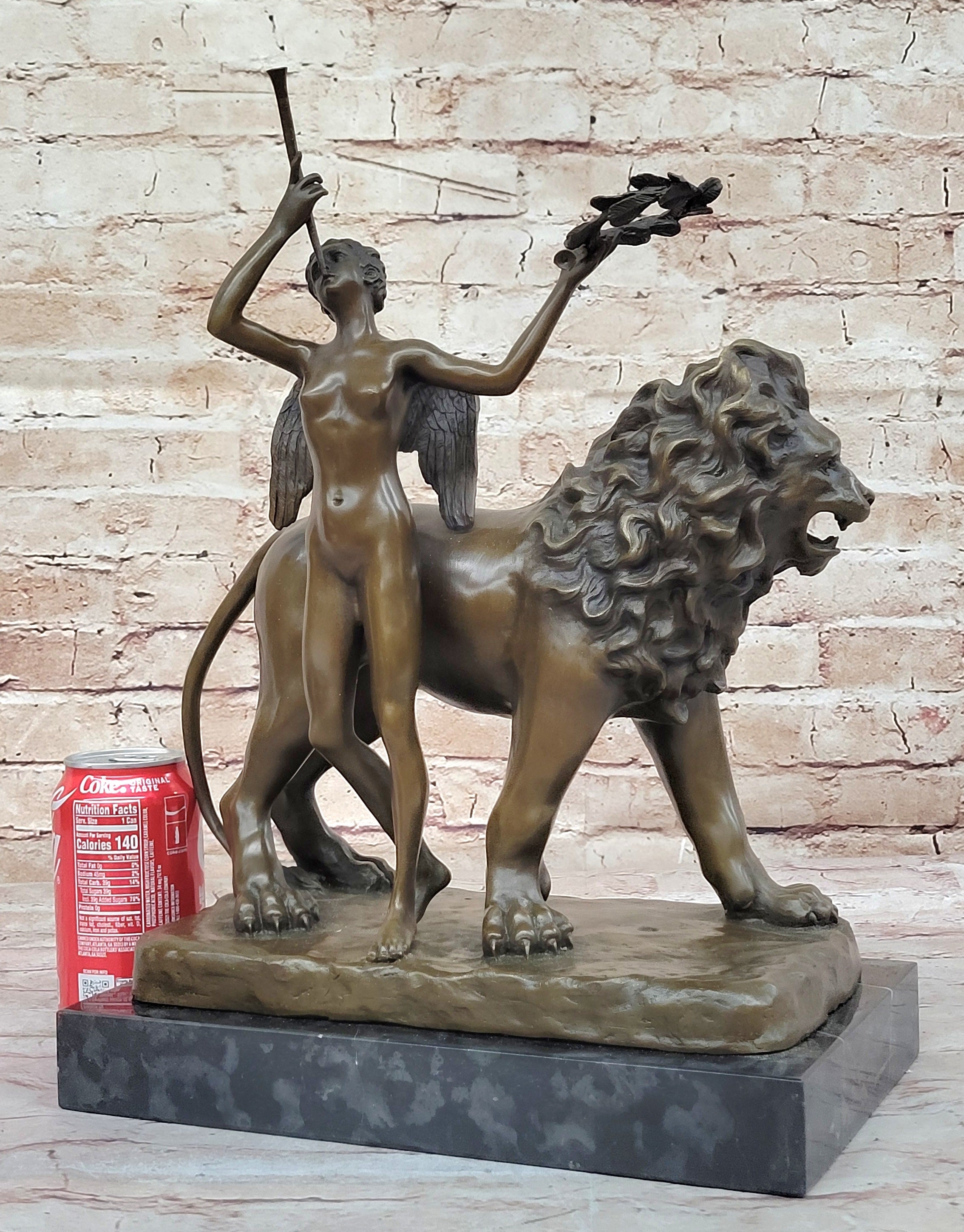 Aldo Vitaleh Bronze Lion with Angel Sculpture