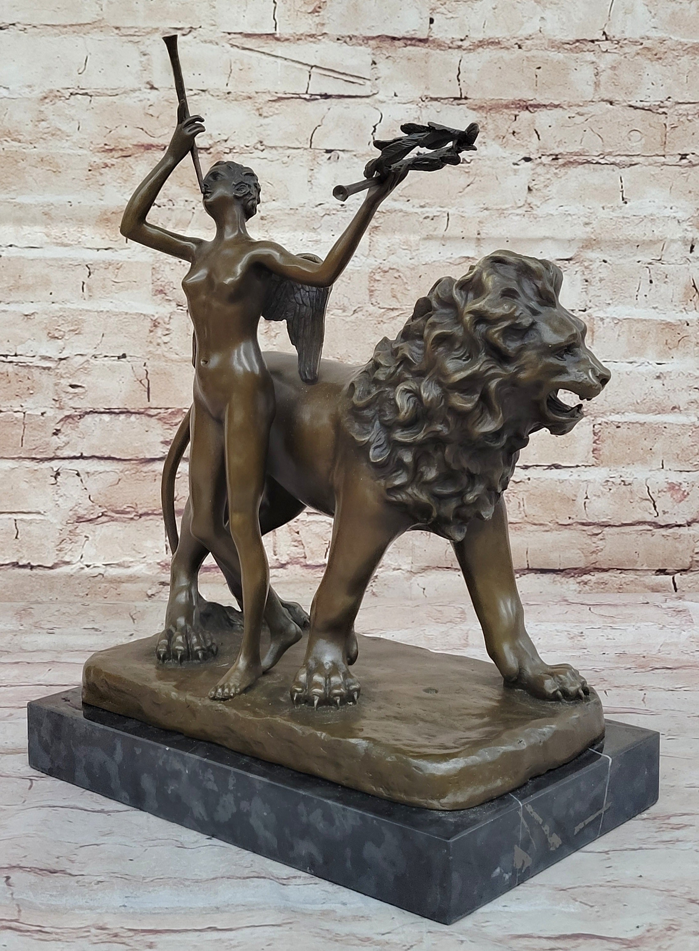 Aldo Vitaleh Bronze Lion with Angel Sculpture