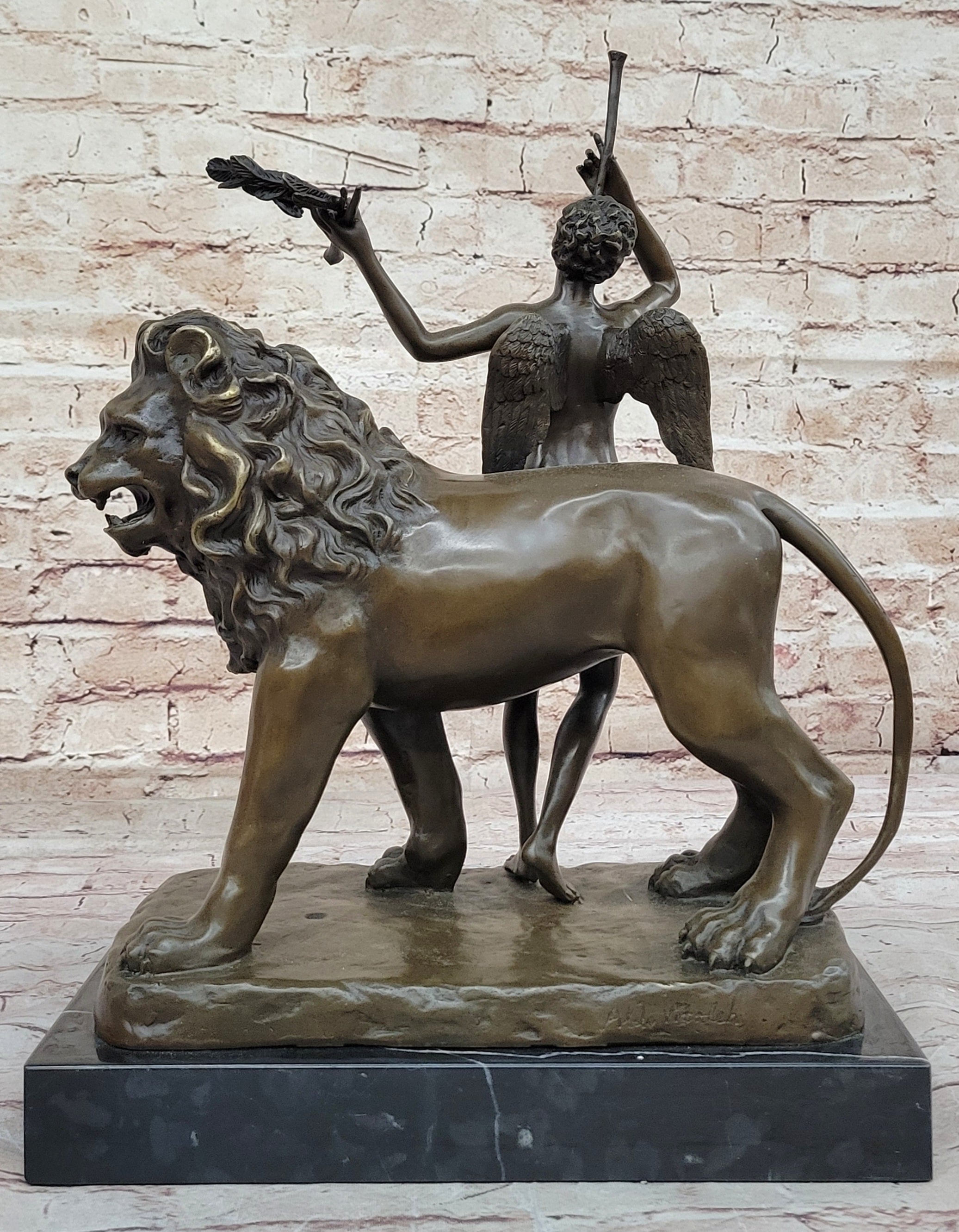 Aldo Vitaleh Bronze Lion with Angel Sculpture