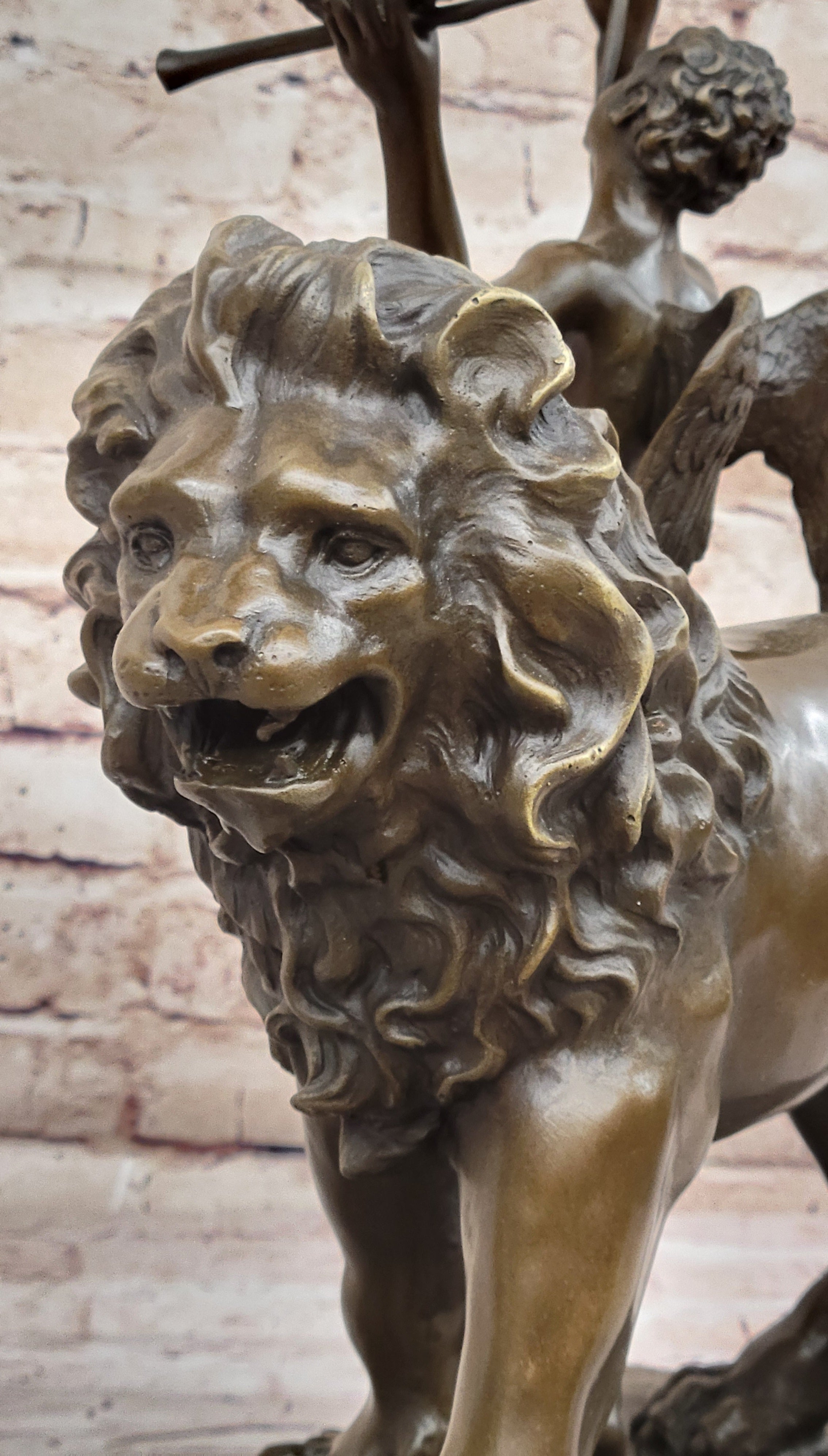 Aldo Vitaleh Bronze Lion with Angel Sculpture